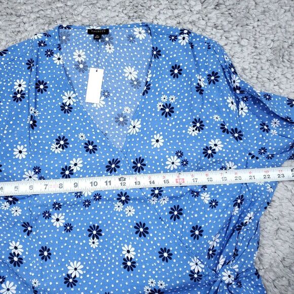 Talbots Blue Wave Daisy Dot Print Floral Wrap Top Blouse Women's Size XL - Picture 8 of 8